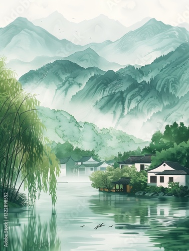 Watercolor painting style: Water towns in Jiangnan, China during the Qingming Festival