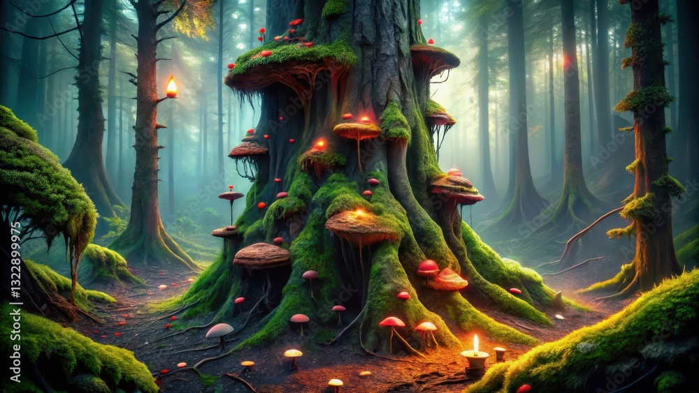 Fototapeta premium Enchanted Forest A Mystical Tree Adorned with Luminescent Fungi and Glowing Candles in a Foggy Woodland Setting