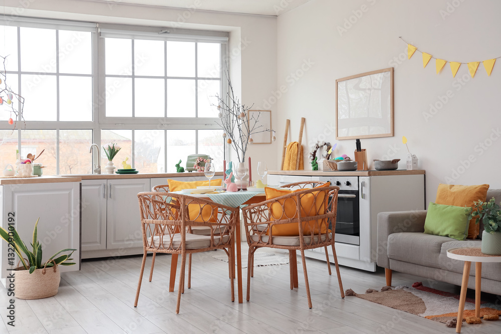 Fototapeta premium Interior of light kitchen decorated for Easter with dining table, sofa and counters