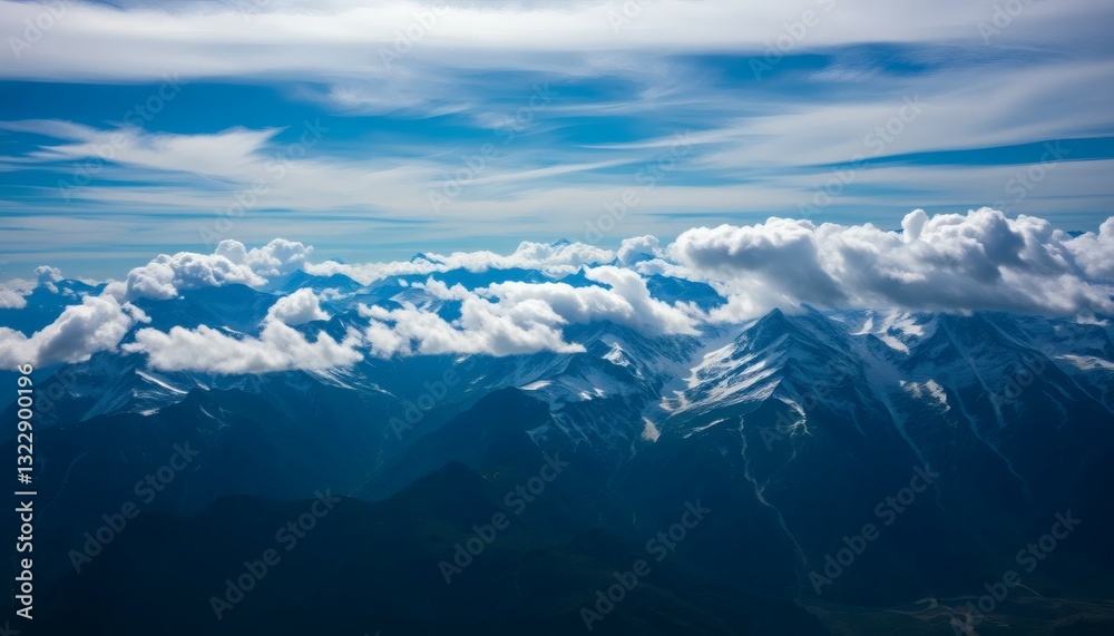 Obraz premium Majestic Snowy Mountains Under Blue Sky with Fluffy Clouds Landscape
