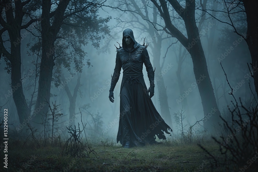 Ghostly Figure Gliding Through Isolated Forest Clearing in Eerie Shadows Ghostly Figure Gliding Through Isolated Forest Clearing in Eerie Shadows