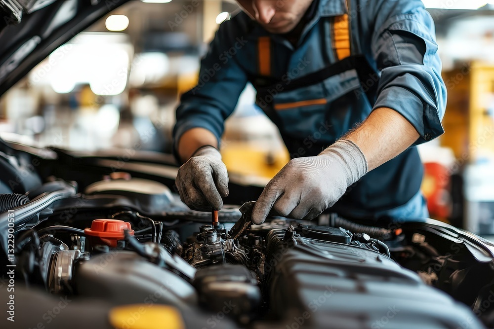 Mechanic Inspects Coolant Levels in a Vehicle's Engine During a Busy Workshop Session in Broad Daylight Mechanic Inspects Coolant Levels in a Vehicle's Engine During a Busy Workshop Session in Broad Daylight