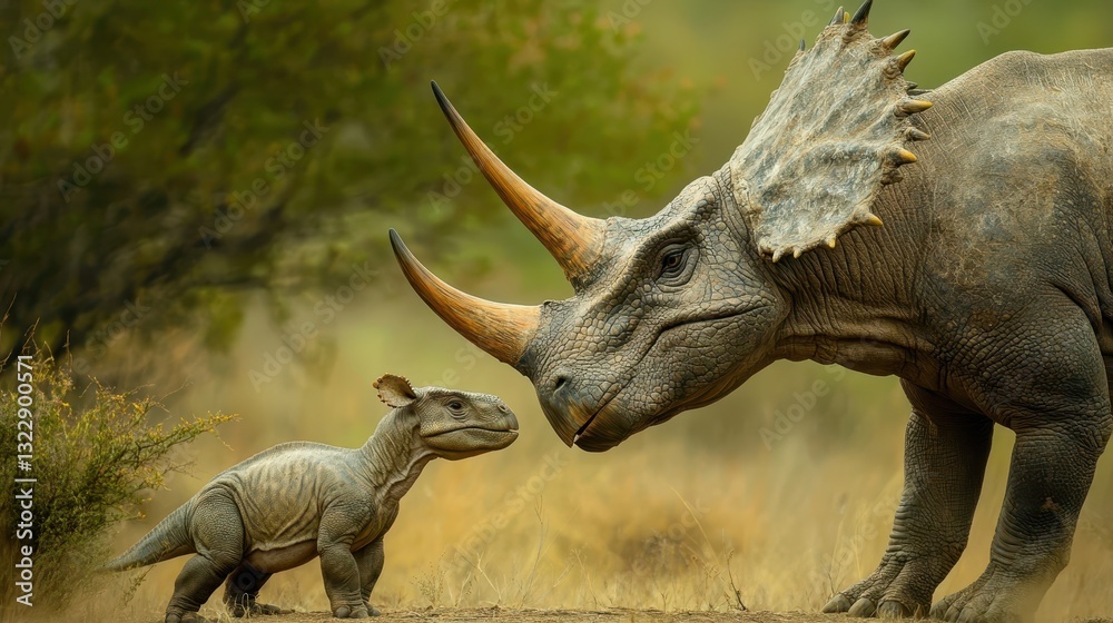 Fototapeta premium A large dinosaur and small dinosaur are facing each other