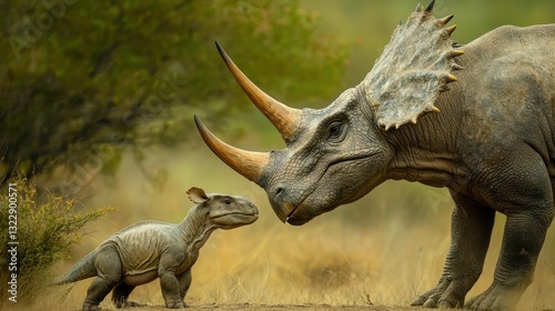 Fototapeta Naklejka Na Ścianę i Meble -  A large dinosaur and small dinosaur are facing each other