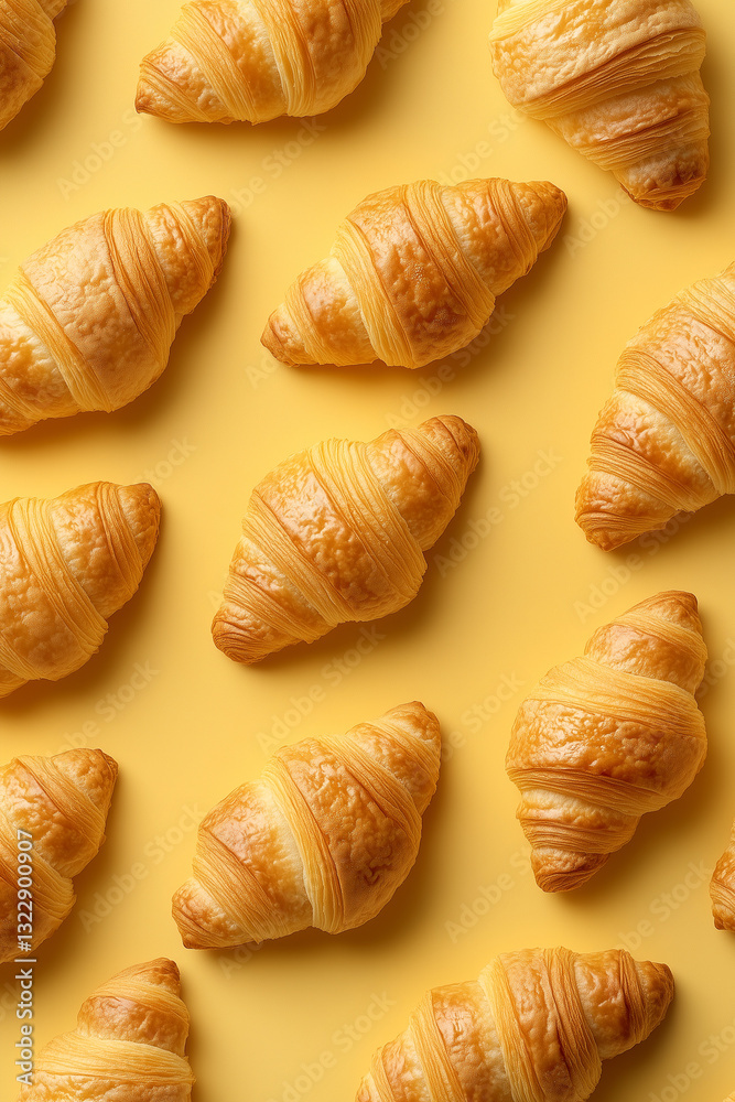 A top-down view of multiple golden-brown croissants arranged on clean background. Minimalist composition, food pattern for bakery branding, food-related designs, and elegant culinary visuals.. A top-down view of multiple golden-brown croissants arranged on clean background. Minimalist composition, food pattern for bakery branding, food-related designs, and elegant culinary visuals..