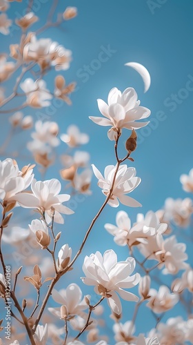 White magnolia flower under blue sky poster background 