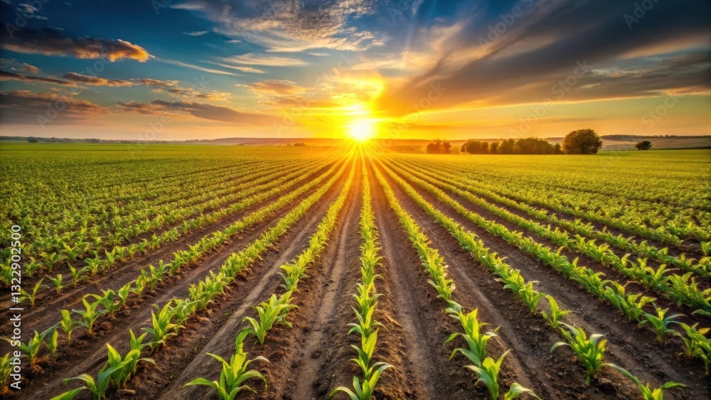 Golden Hour Illumination on a Verdant Agricultural Field with Rows of Young Crops Basking in the Setting Sun's Rays Golden Hour Illumination on a Verdant Agricultural Field with Rows of Young Crops Basking in the Setting Sun's Rays