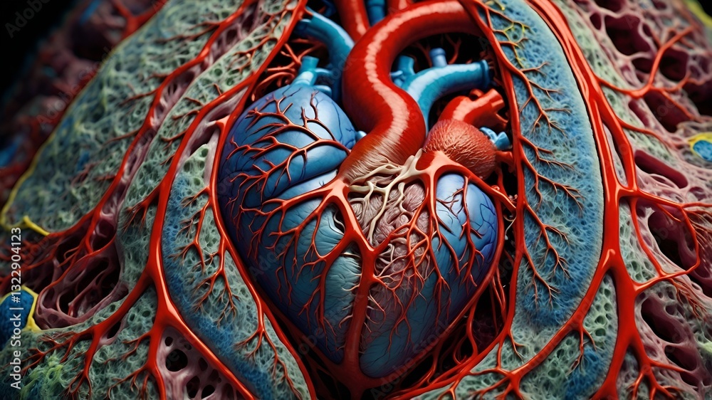 Obraz premium A high-resolution image of the heart's veins, showcasing their intricate details in vibrant colors. This stunning depiction blends biology and artistry with sharp clarity.