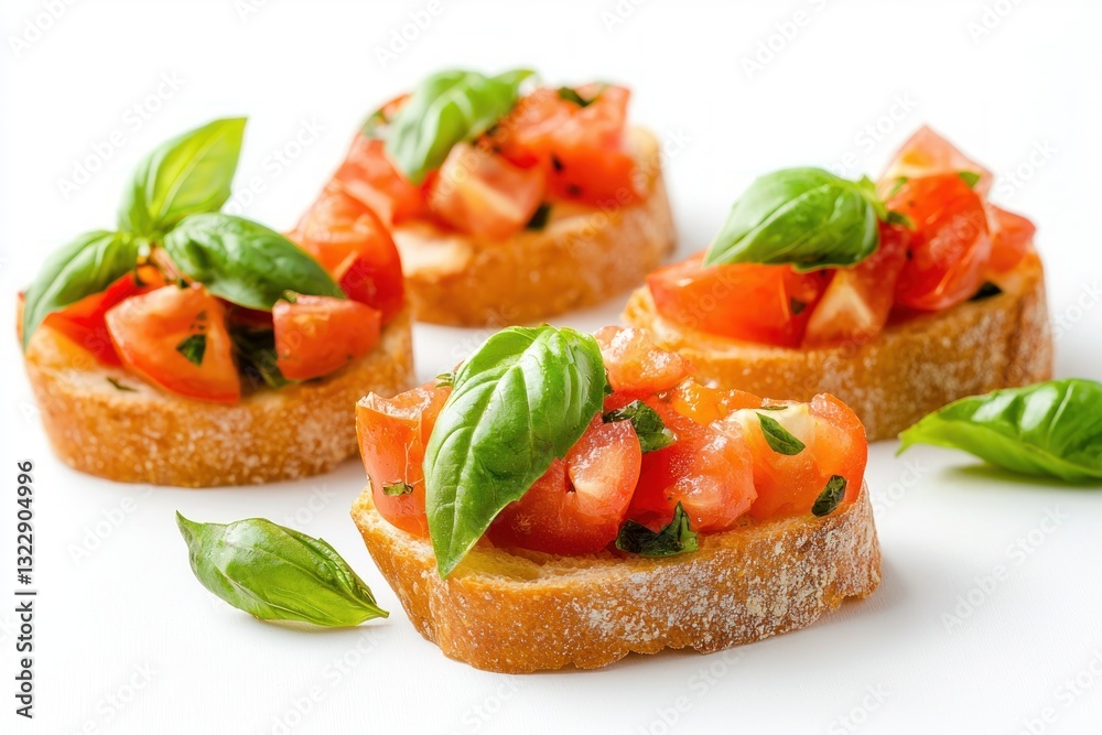 Delicious Italian bruschetta appetizer with ripe tomatoes and fresh basil on a white surface vibrant culinary delight Delicious Italian bruschetta appetizer with ripe tomatoes and fresh basil on a white surface vibrant culinary delight