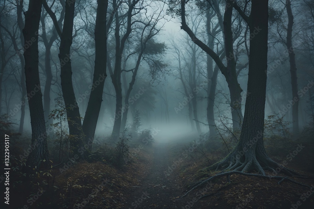Obraz premium Spooky Mysterious Atmosphere in a Foggy Dark Forest for Halloween
