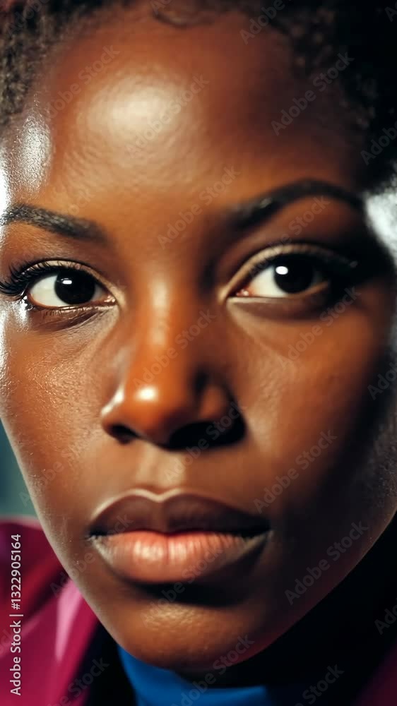Individual with striking features gazes intensely into camera during a well-lit session Individual with striking features gazes intensely into camera during a well-lit session