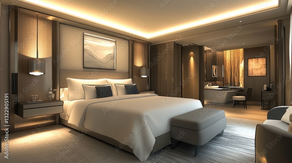 Modern luxury hotel bedroom with elegant decor and soft lighting Modern luxury hotel bedroom with elegant decor and soft lighting