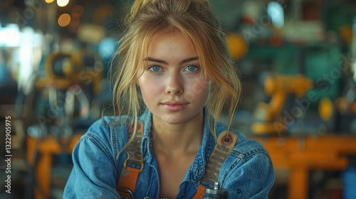 Wallpaper Mural portrait of young woman using an drilling tool on wood at home. Torontodigital.ca