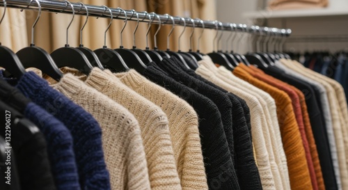 Wallpaper Mural Clothing rack, sweaters, knit textures, earth tones, neutral colors, winter fashion, soft fabrics, wardrobe selection, retail display, closet organization, cozy attire, garment variety, wool blend, ca Torontodigital.ca