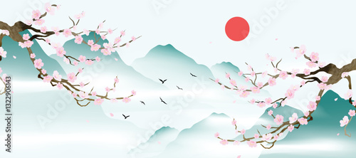 Spring Japanese Cherry blossom flower background vector. Wallpaper design of elegant watercolor sakura flower, branch, mountain, bird, sun. Illustration for banner, wall decoration, backdrop, ads.