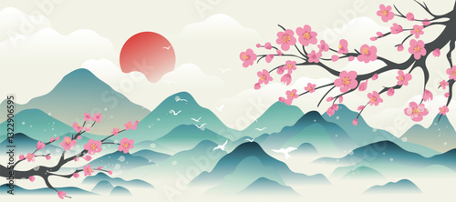 Spring Japanese Cherry blossom flower background vector. Wallpaper design of elegant sakura flower, branch, mountain, bird, sun, cloud. Illustration for banner, wall decoration, backdrop, ads.