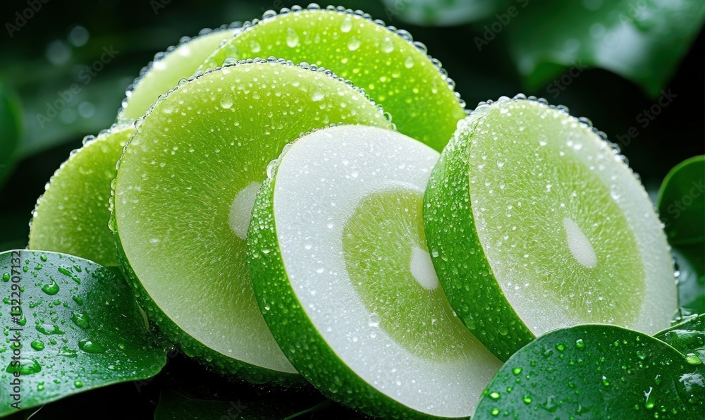 Obraz premium Fresh Green Slices of Juicy Fruit with Dewdrops on Leaves in a Vibrant Nature Background
