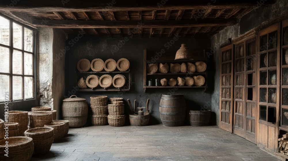 Rustic Interior of an Old Workshop with Wooden Shelves and Baskets in a Historical Setting Rustic Interior of an Old Workshop with Wooden Shelves and Baskets in a Historical Setting