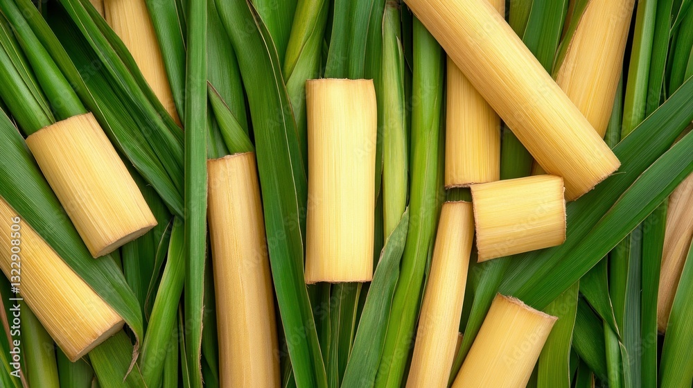 Fresh Green Leaves and Yellow Stalks Arrange Together in Nature-inspired Composition