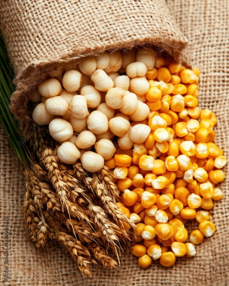 Grain and Seed Composition in a Rustic Setting with Corn and Wheat Varieties