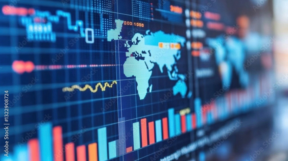 Global Data Visualization World Map with Charts and Graphs on a Dark Blue Screen Global Data Visualization World Map with Charts and Graphs on a Dark Blue Screen