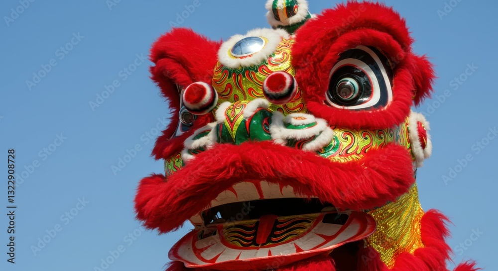 Fototapeta premium Chinese lion dance head, vibrant red fur, golden details, large expressive eye, traditional festive decoration, close-up view, blue sky background, cultural celebration, intricate craftsmanship, dynam