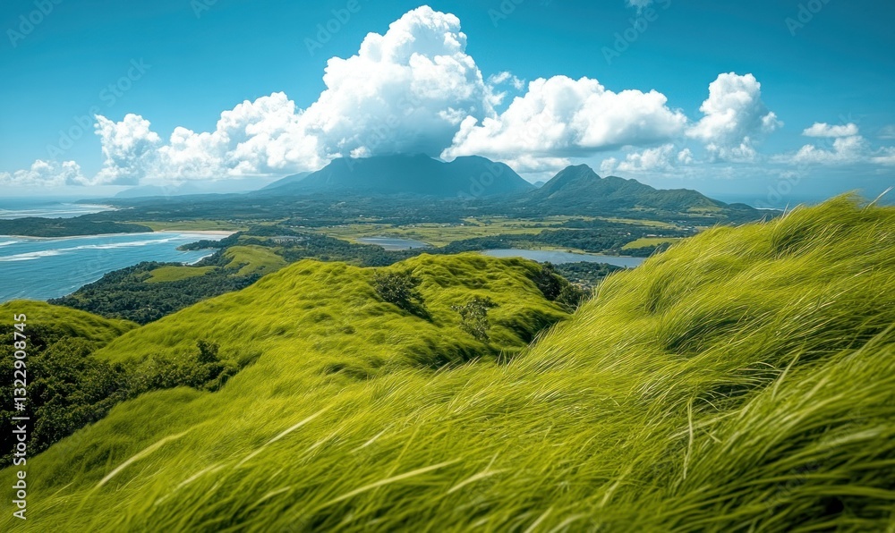 Lush Green Rolling Hills Under Bright Blue Sky with Scenic Mountain Background