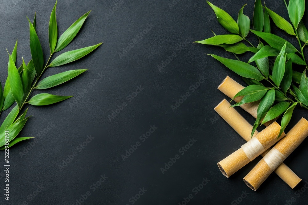 Green Bamboo Leaves and Rolled Paper Scrolls on Dark Surface for Nature Inspired Design