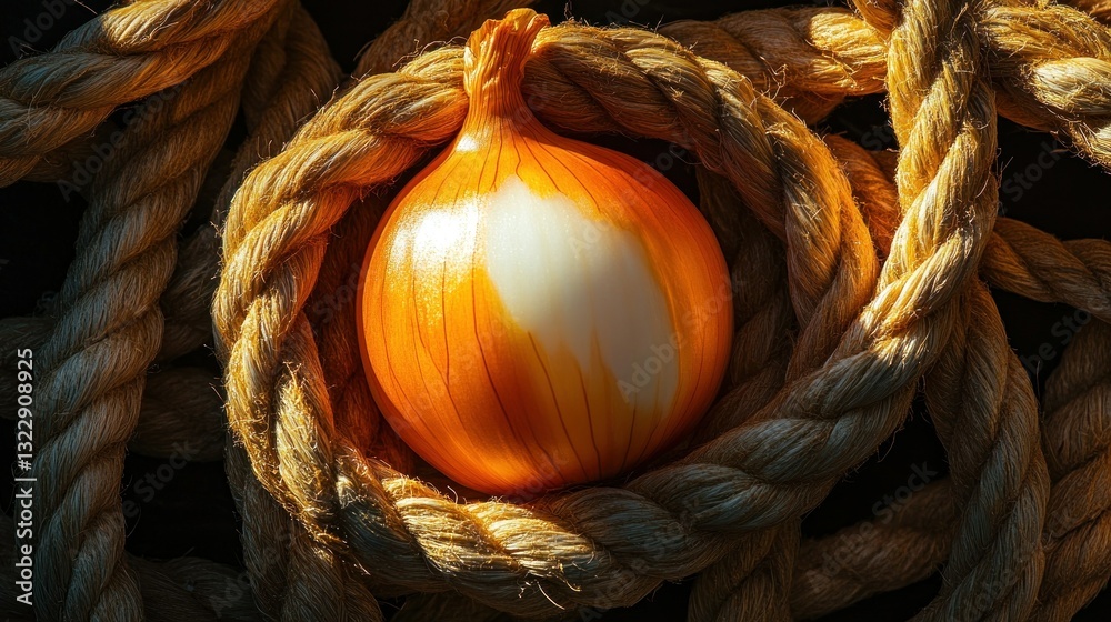 Fresh orange onion nestled in natural twine rope display on dark background