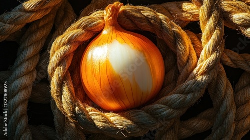 Obraz na płótnie Fresh orange onion nestled in natural twine rope display on dark background w salonie