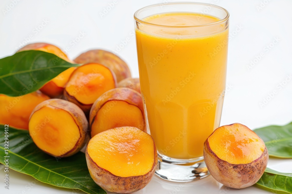 Vibrant mango smoothie on white backdrop embodying freshness with studio light tropical refreshment Vibrant mango smoothie on white backdrop embodying freshness with studio light tropical refreshment