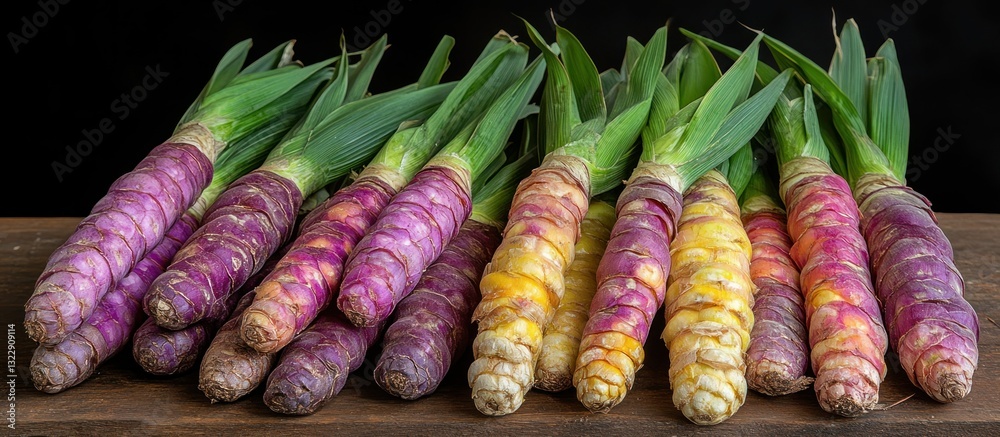 Colorful varieties of heirloom carrots arranged on a wooden surface with green tops visible