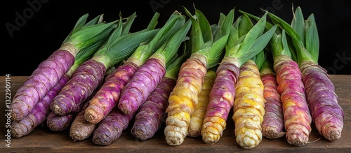 Obraz na płótnie Colorful varieties of heirloom carrots arranged on a wooden surface with green tops visible w salonie