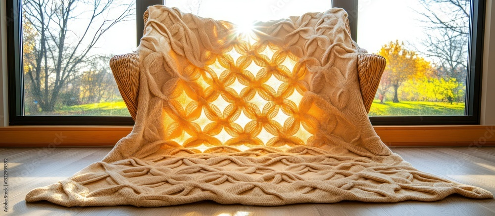 Cozy knitted blanket draped over chair in sunlit room with autumn view through windows