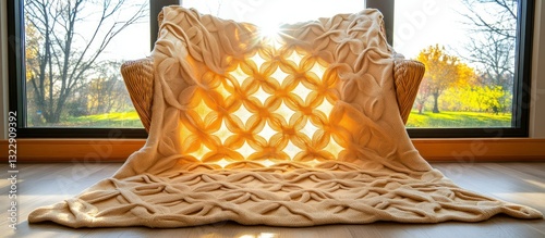 Obraz na płótnie Cozy knitted blanket draped over chair in sunlit room with autumn view through windows w salonie
