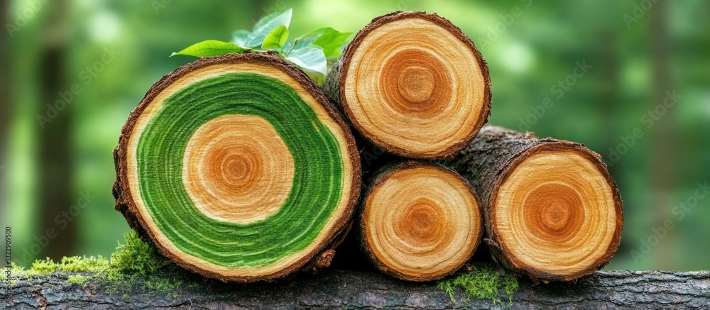 Detailed Close-Up of Timber Logs with Beautiful Tree Rings and Fresh Green Leaf Accents
