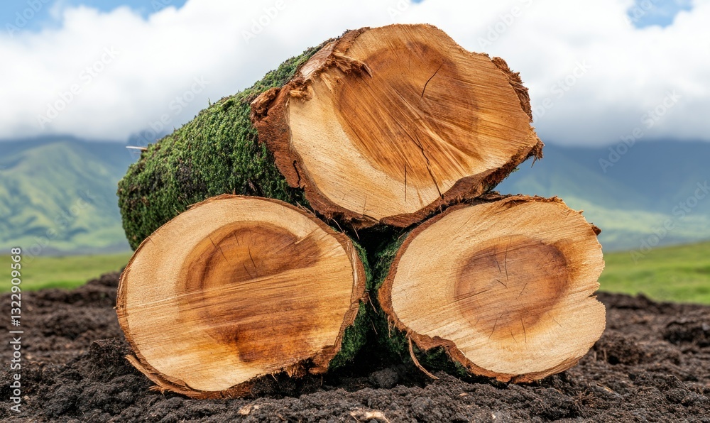 Freshly Cut Logs with Natural Texture and Green Moss on a Sunny Day in a Scenic Landscape