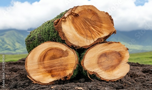 Obraz na płótnie Freshly Cut Logs with Natural Texture and Green Moss on a Sunny Day in a Scenic Landscape w salonie