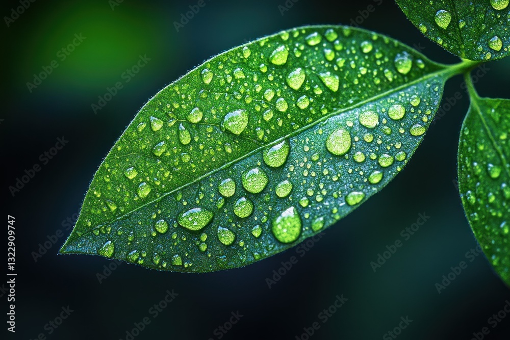 Close-up of Fresh Green Leaf with Water Drops Glimmering in Soft Natural Light