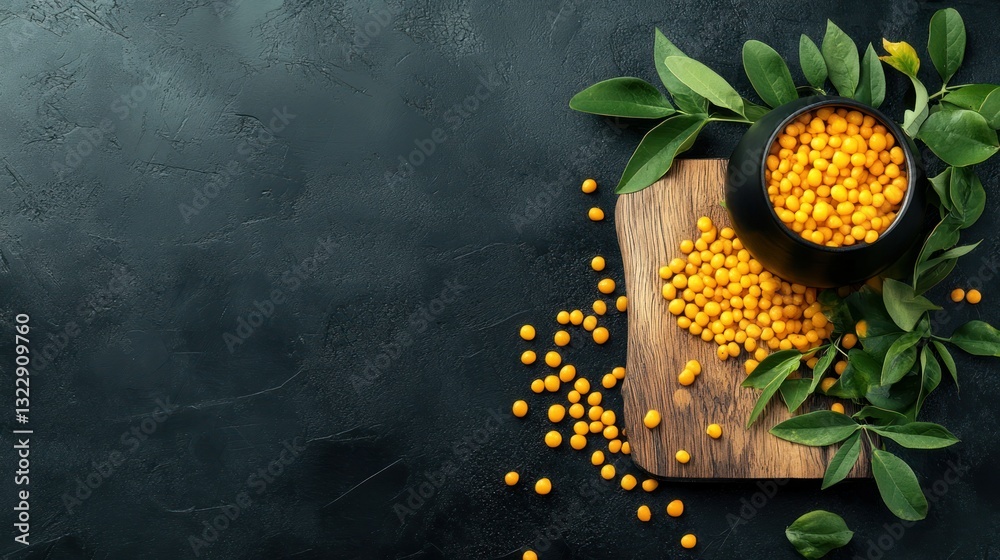 Ripe Sea Buckthorn Berries with Fresh Leaves on Dark Stone Background in Rustic Setting