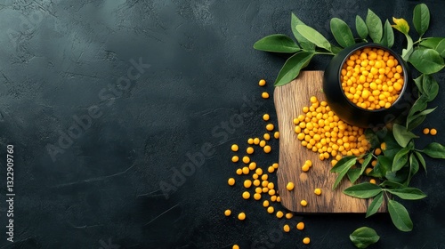 Obraz na płótnie Ripe Sea Buckthorn Berries with Fresh Leaves on Dark Stone Background in Rustic Setting w salonie