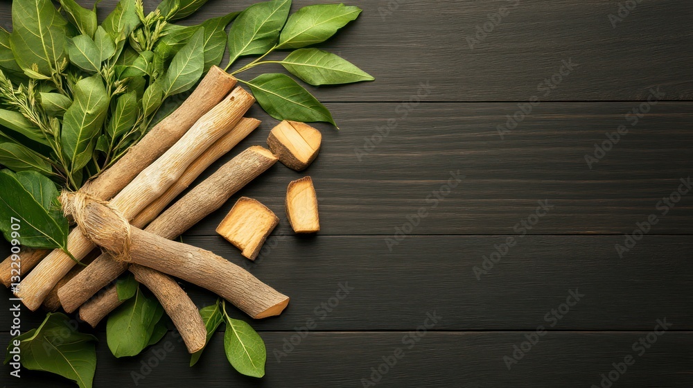 Freshly Cut Sticks with Green Leaves on Dark Wooden Background for Natural Decor and Crafts