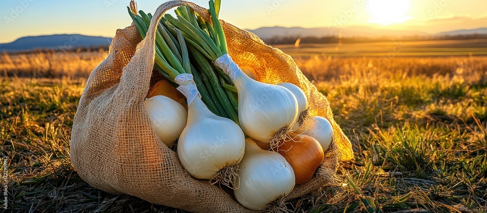 Freshly Harvested Onions in Burlap Sack at Sunset on Farm Field