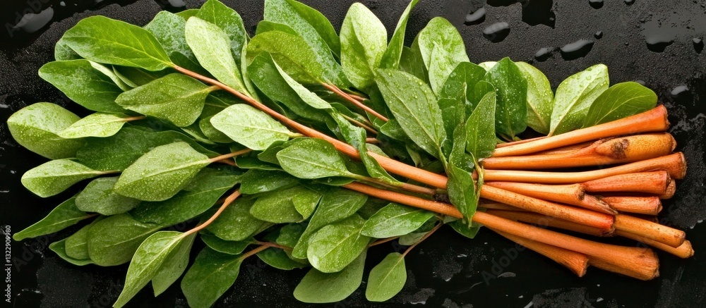Fresh Green Leaves with Water Droplets on Dark Surface, Natural and Healthy Ingredients Display