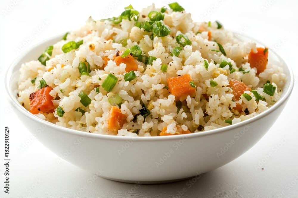 Aromatic fried rice dish featuring savory carrots fresh green onion and fluffy rice served in white bowl Aromatic fried rice dish featuring savory carrots fresh green onion and fluffy rice served in white bowl