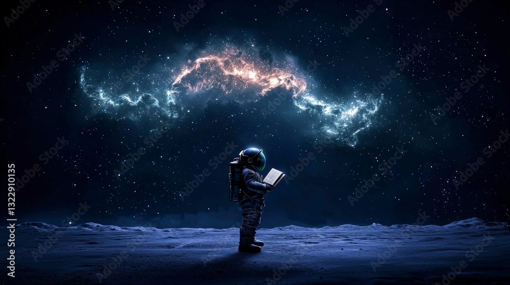 Astronaut Reading Book on Alien Planet Cosmic Nebula Background Space Exploration Astronaut Reading Book on Alien Planet Cosmic Nebula Background Space Exploration