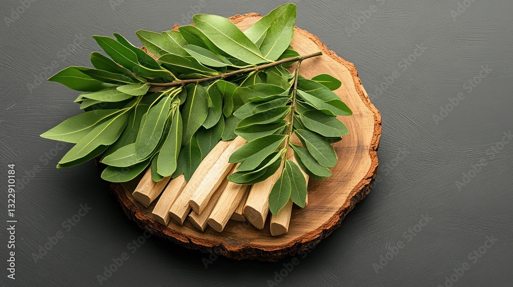 Fresh Green Leaves and Wooden Pieces Arranged on a Rustic Wooden Surface for Natural Aesthetic