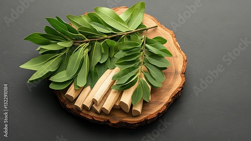 Obraz na płótnie Fresh Green Leaves and Wooden Pieces Arranged on a Rustic Wooden Surface for Natural Aesthetic w salonie