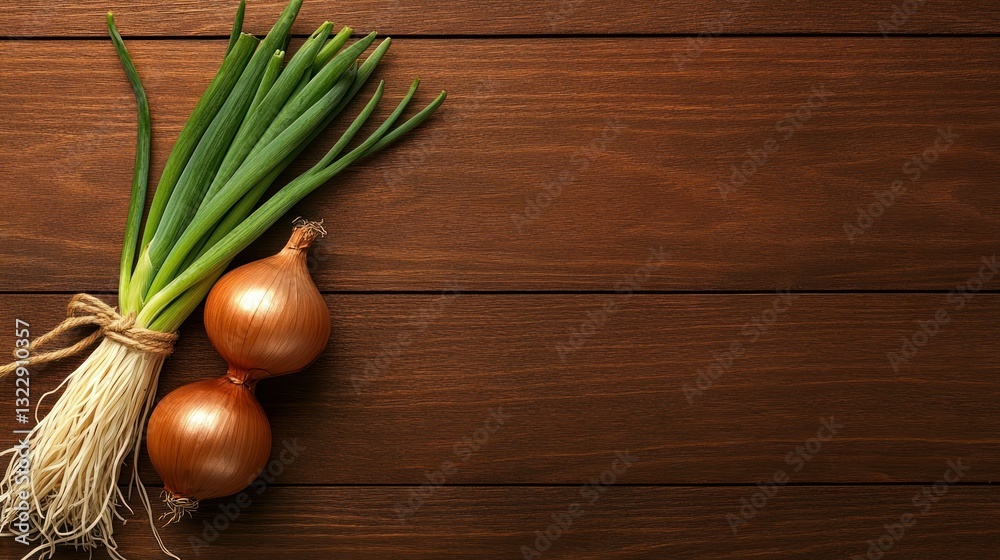 Fresh Green Onions and Yellow Onions on a Wooden Table for Cooking and Recipe Preparation
