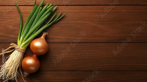 Obraz na płótnie Fresh Green Onions and Yellow Onions on a Wooden Table for Cooking and Recipe Preparation w salonie